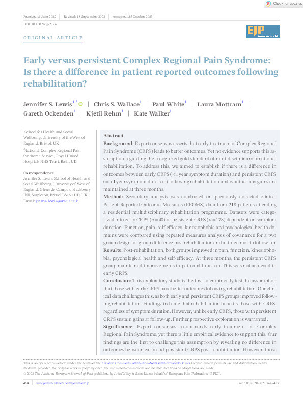 Early versus persistent Complex Regional Pain Syndrome: Is there a difference in patient reported outcomes following rehabilitation? Thumbnail