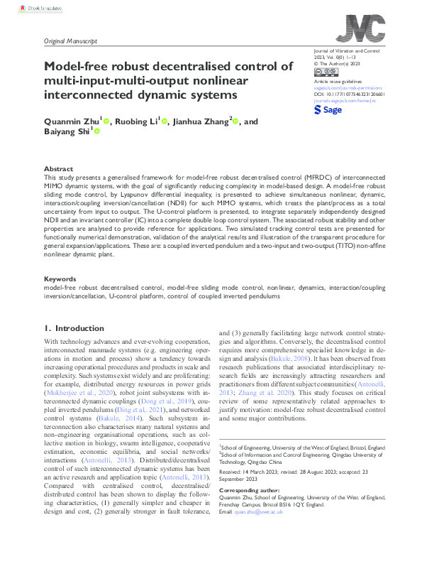 Model-free robust decentralised control of multi-input-multi-output nonlinear interconnected dynamic systems Thumbnail