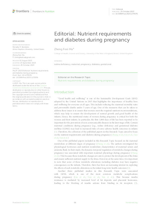 Editorial: Nutrient requirements and diabetes during pregnancy Thumbnail