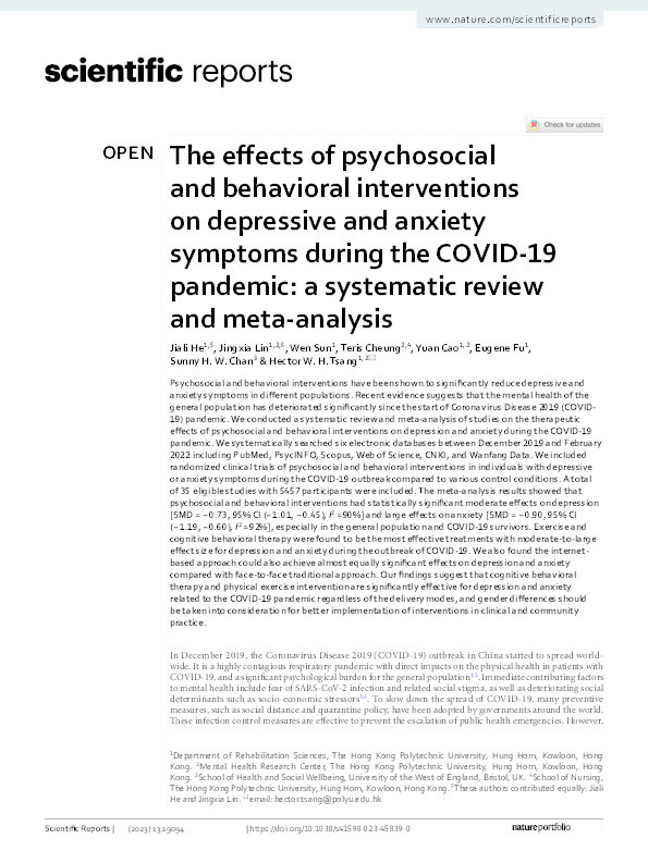 The effects of psychosocial and behavioral interventions on depressive and anxiety symptoms during the COVID-19 pandemic: A systematic review and meta-analysis Thumbnail