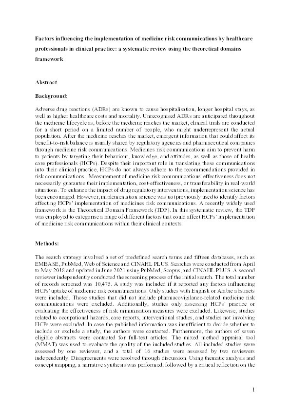 Understanding factors influencing the implementation of medicine risk communications by healthcare professionals in clinical practice: A systematic review using the Theoretical Domains Framework Thumbnail