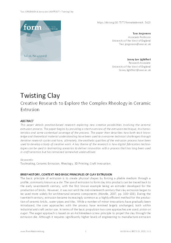 Twisting clay - Creative research to explore the complex rheology in ceramic extrusion Thumbnail