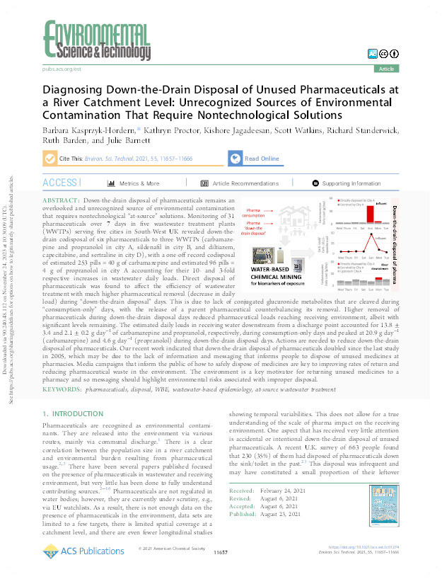 Diagnosing down-the-drain disposal of unused pharmaceuticals at a river catchment level: Unrecognized sources of environmental contamination that require nontechnological solutions Thumbnail