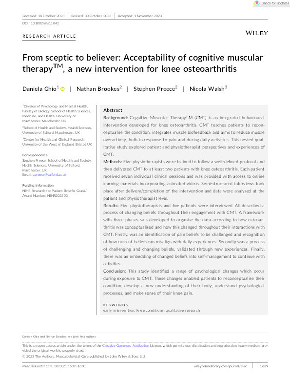 From sceptic to believer: Acceptability of cognitive muscular therapy TM , a new intervention for knee osteoarthritis Thumbnail