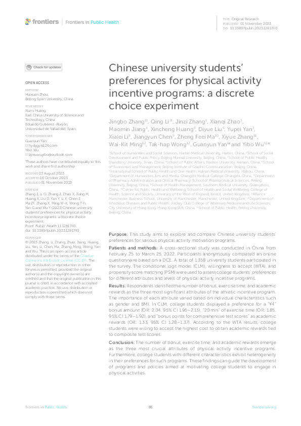 Chinese university students’ preferences for physical activity incentive programs: A discrete choice experiment Thumbnail