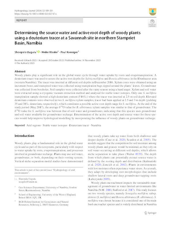 Determining the source water and active root depth of woody plants using a deuterium tracer at a Savannah site in northern Stampriet Basin, Namibia Thumbnail