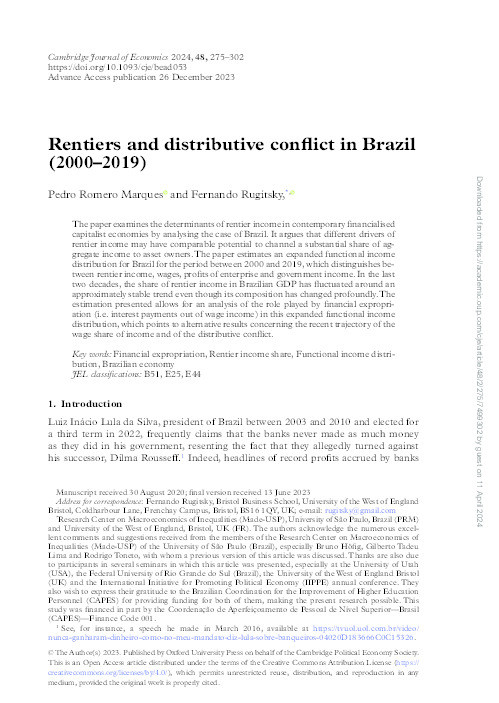 Rentiers and distributive conflict in Brazil (2000–2019) Thumbnail