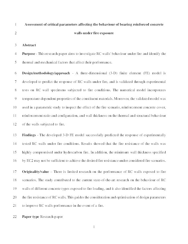 Assessment of critical parameters affecting the behaviour of bearing reinforced concrete walls under fire exposure Thumbnail