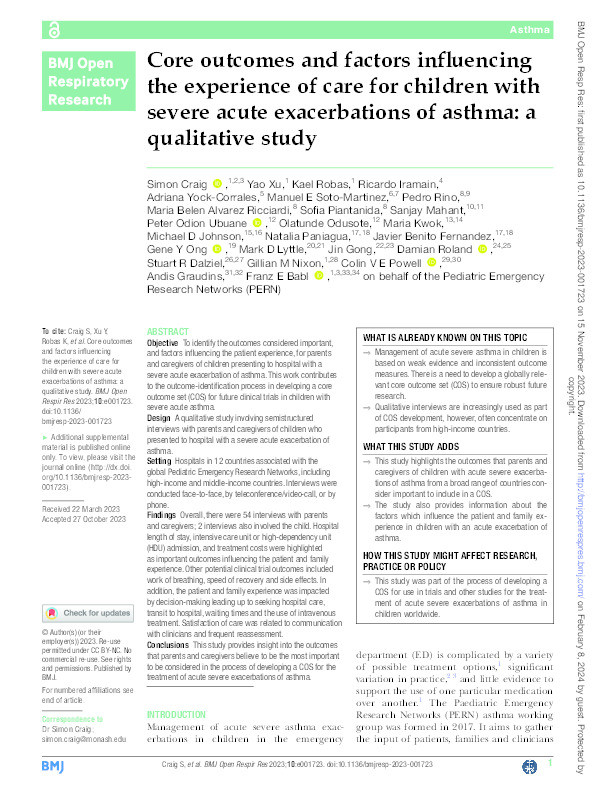 Core outcomes and factors influencing the experience of care for children with severe acute exacerbations of asthma: A qualitative study Thumbnail