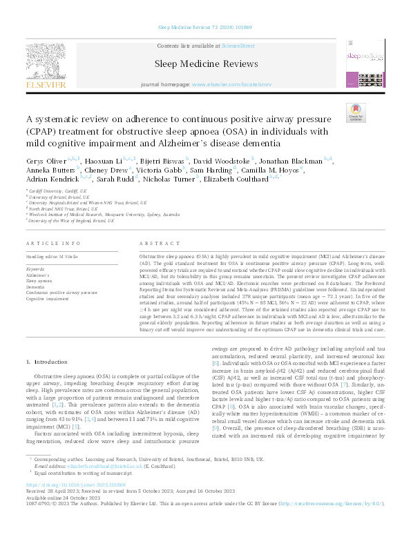A systematic review on adherence to continuous positive airway pressure (CPAP) treatment for obstructive sleep apnoea (OSA) in individuals with mild cognitive impairment and Alzheimer's disease dementia Thumbnail