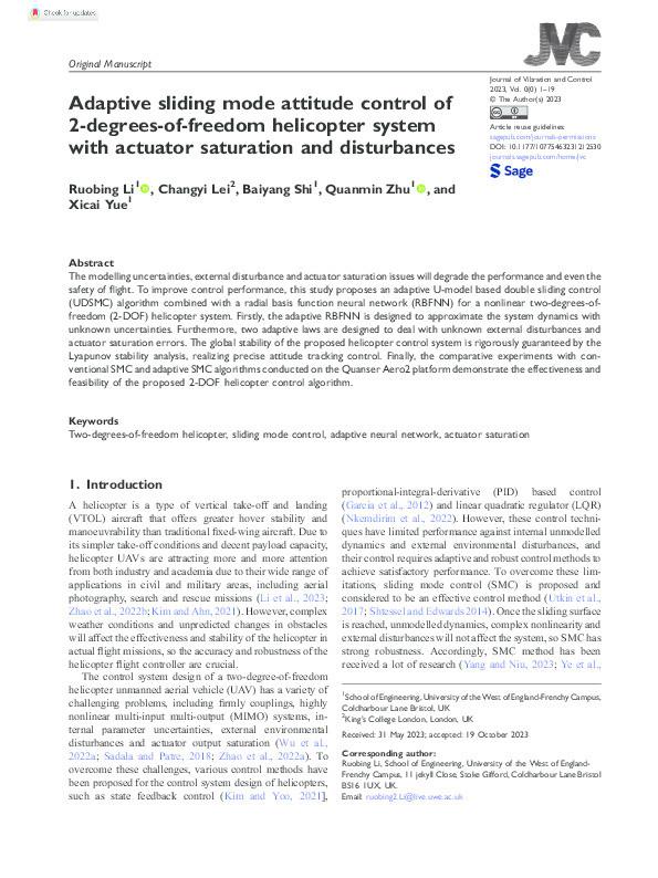 Adaptive sliding mode attitude control of 2-degrees-of-freedom helicopter system with actuator saturation and disturbances Thumbnail