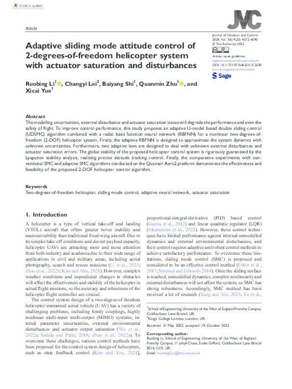 Adaptive sliding mode attitude control of 2-degrees-of-freedom helicopter system with actuator saturation and disturbances Thumbnail