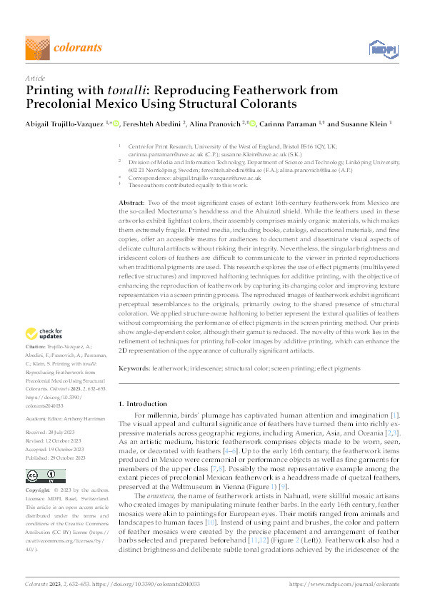 Printing with tonalli: Reproducing featherwork from precolonial Mexico using structural colorants Thumbnail