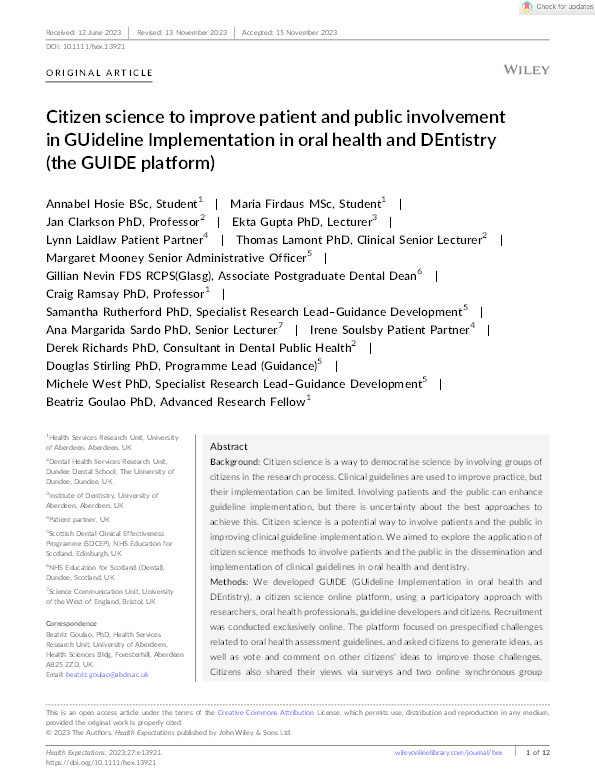 Citizen science to improve patient and public involvement in GUideline Implementation in oral health and DEntistry (the GUIDE platform) Thumbnail