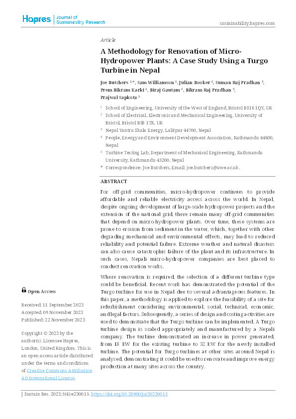 A methodology for renovation of micro-hydropower plants: A case study using a turgo turbine in Nepal Thumbnail