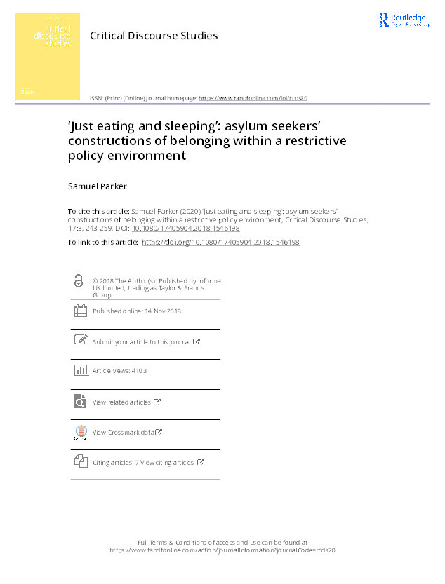 ‘Just eating and sleeping’: Asylum seekers’ constructions of belonging within a restrictive policy environment Thumbnail