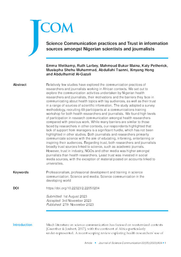 Science communication practices and trust in information sources amongst Nigerian scientists and journalists Thumbnail