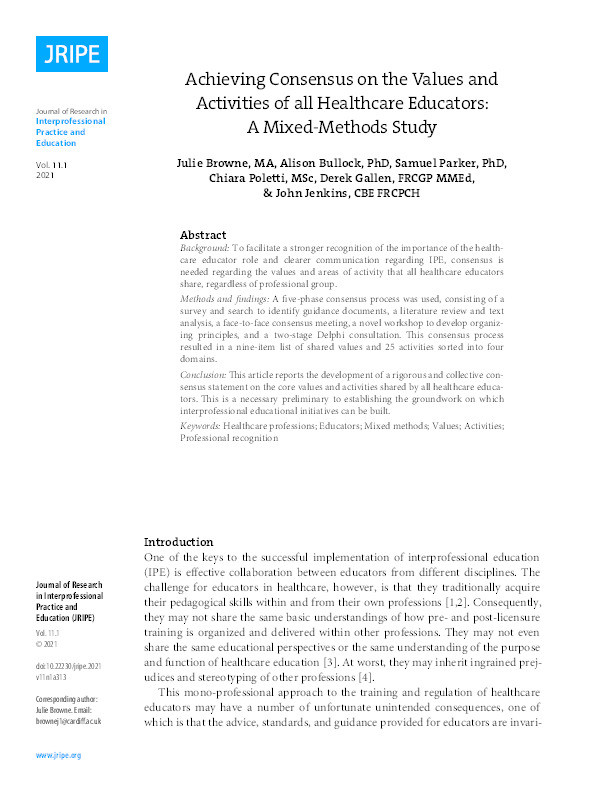 Achieving consensus on the values and activities of all healthcare educators: A mixed-methods study Thumbnail