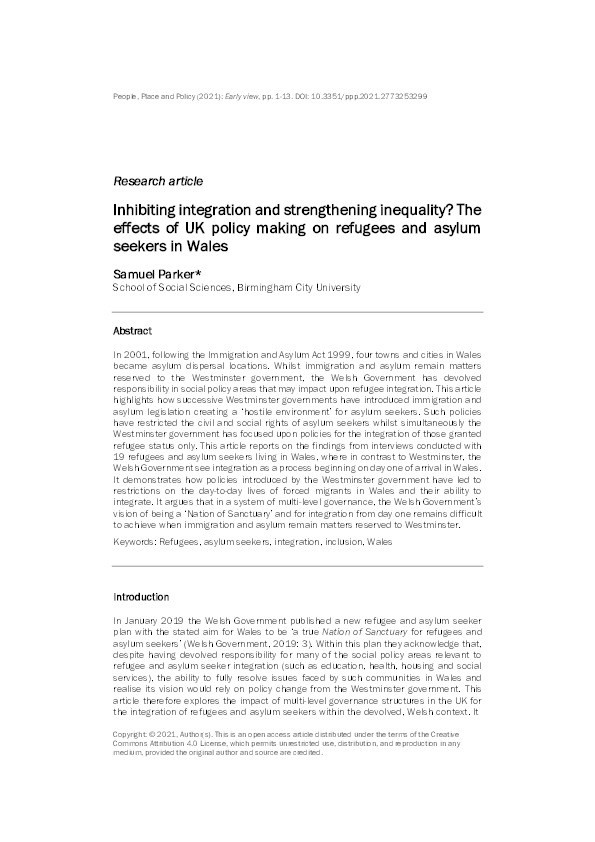 Inhibiting integration and strengthening inequality? The effects of UK policy making on refugees and asylum seekers in Wales Thumbnail