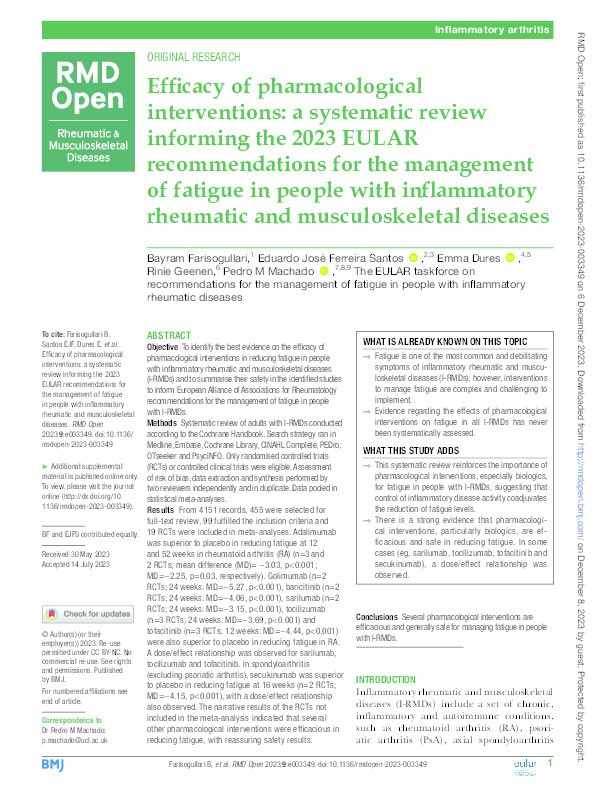 Efficacy of pharmacological interventions: A systematic review informing the 2023 EULAR recommendations for the management of fatigue in people with inflammatory rheumatic and musculoskeletal diseases Thumbnail
