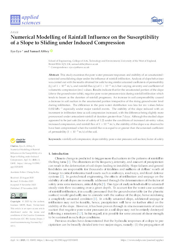 Numerical modelling of rainfall influence on the susceptibility of a slope to sliding under induced compression Thumbnail
