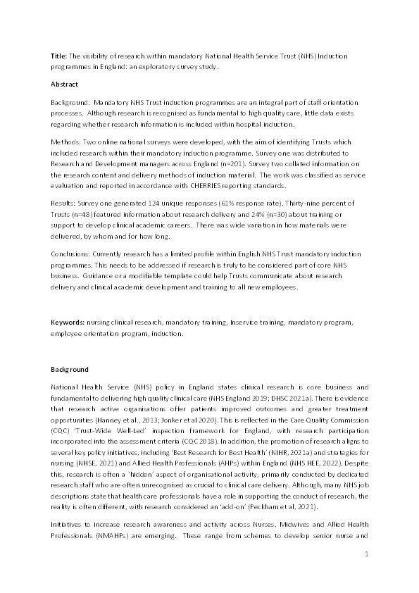 The visibility of research within mandatory National Health Service Trust Induction programmes in England: An exploratory survey study Thumbnail