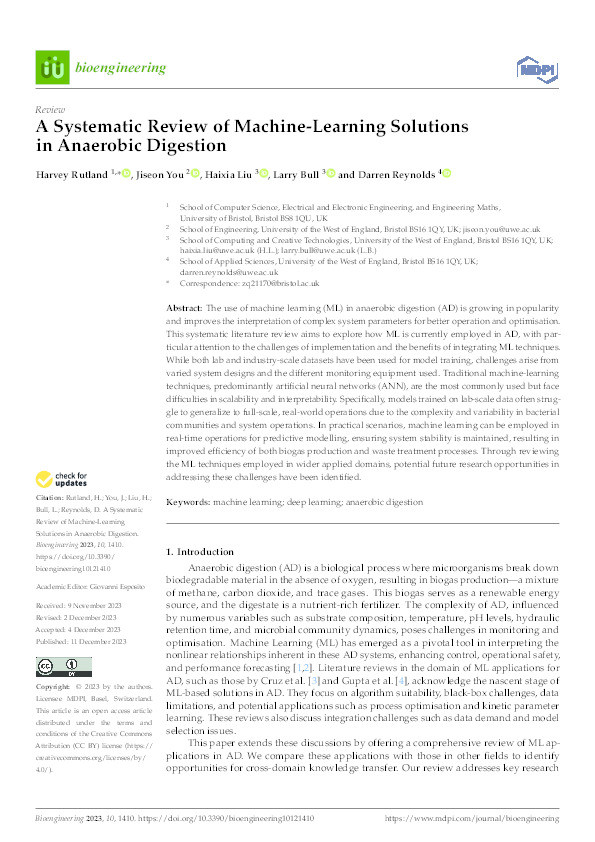 A systematic review of machine-learning solutions in anaerobic digestion Thumbnail