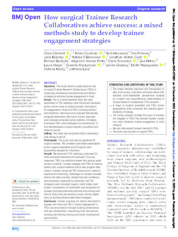 How surgical Trainee Research Collaboratives achieve success: A mixed methods study to develop trainee engagement strategies. Thumbnail