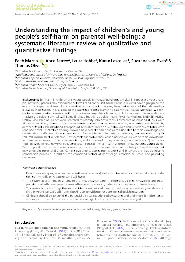 Understanding the impact of children's and young people's self-harm on parental well-being: a systematic literature review of qualitative and quantitative findings Thumbnail