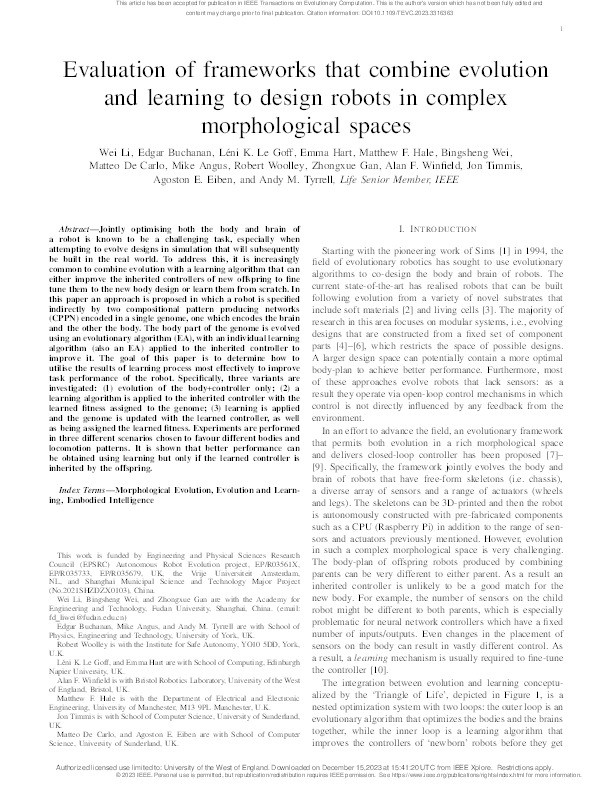 Evaluation of frameworks that combine evolution and learning to design robots in complex morphological spaces Thumbnail