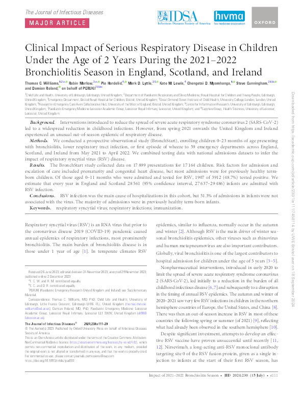 The clinical impact of serious respiratory disease in children under the age of two years during the 2021-2022 bronchiolitis season in England, Scotland and Ireland Thumbnail