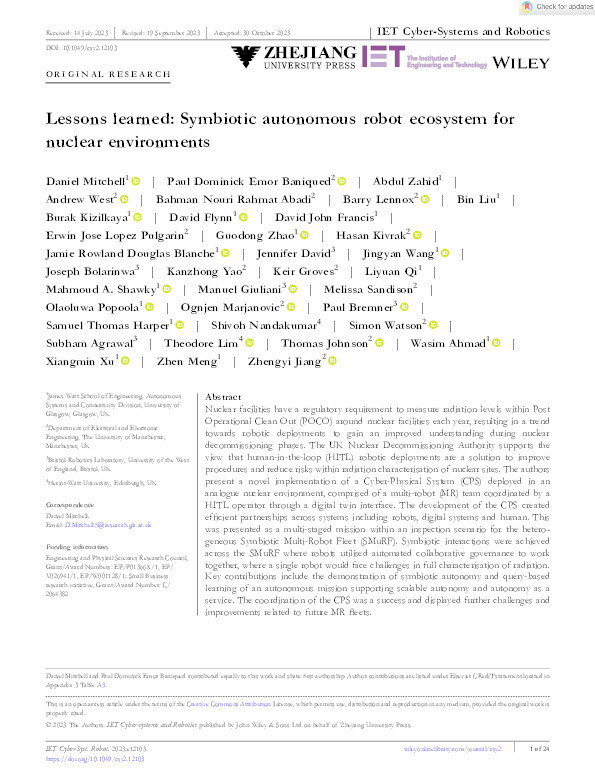 Lessons learned: Symbiotic autonomous robot ecosystem for nuclear environments Thumbnail