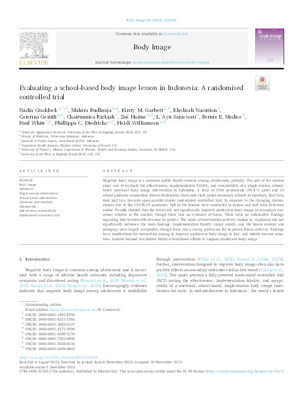 Evaluating a school-based body image lesson in Indonesia: A randomised controlled trial Thumbnail