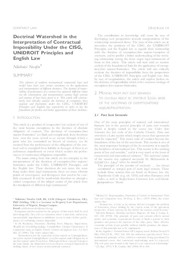 Doctrinal watershed in the interpretation of contractual impossibility under the CISG, UNIDROIT principles and English law Thumbnail