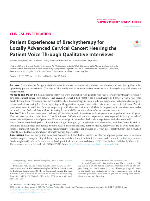 Patient experiences of brachytherapy for locally advanced cervical cancer: hearing the patient voice through qualitative interviews Thumbnail
