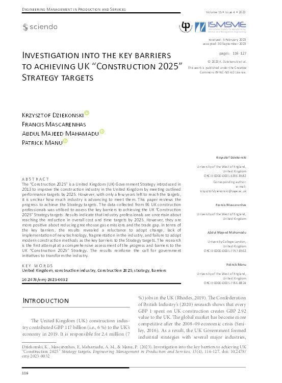 Investigation into the key barriers to achieving UK “Construction 2025” strategy targets Thumbnail