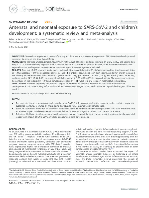 Antenatal and neonatal exposure to SARS-CoV-2 and children’s development: A systematic review and meta-analysis Thumbnail