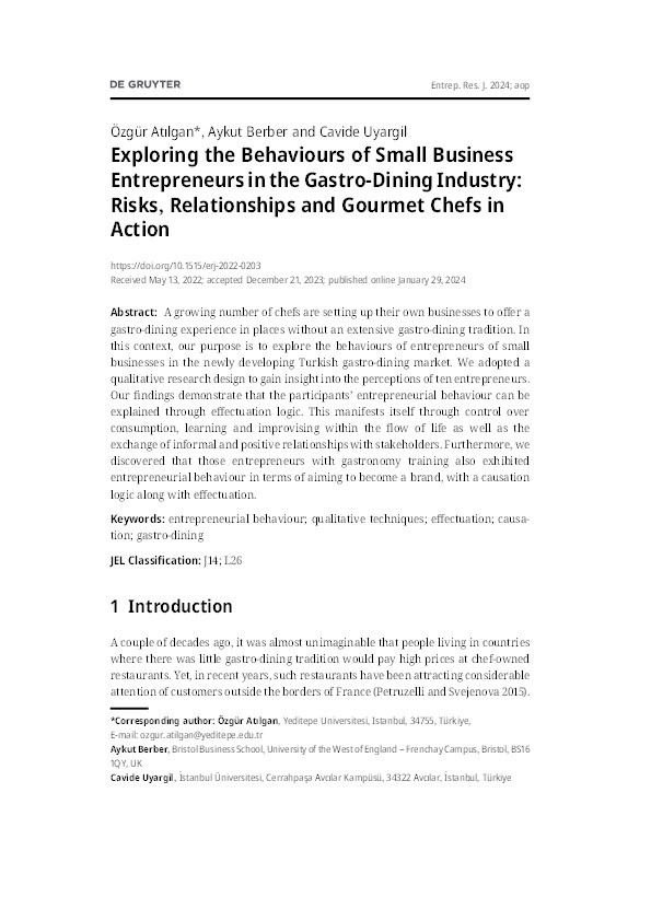 Exploring the behaviours of small business entrepreneurs in the gastro-dining industry: Risks, relationships and gourmet chefs in action Thumbnail