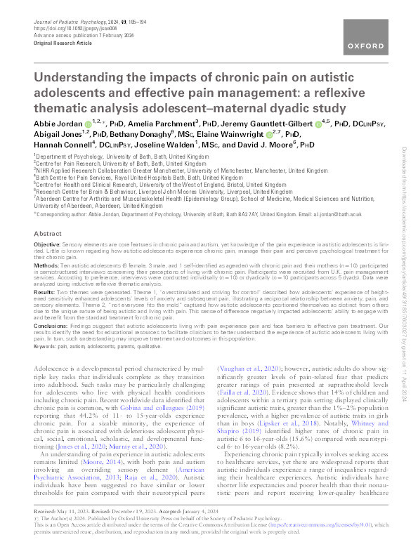 Understanding the impacts of chronic pain on autistic adolescents and effective pain management: A reflexive thematic analysis adolescent-maternal dyadic study Thumbnail