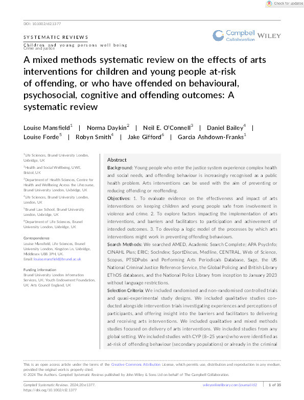 A mixed methods systematic review on the effects of arts interventions for children and young people at-risk of offending, or who have offended on behavioural, psychosocial, cognitive and offending outcomes: A systematic review Thumbnail