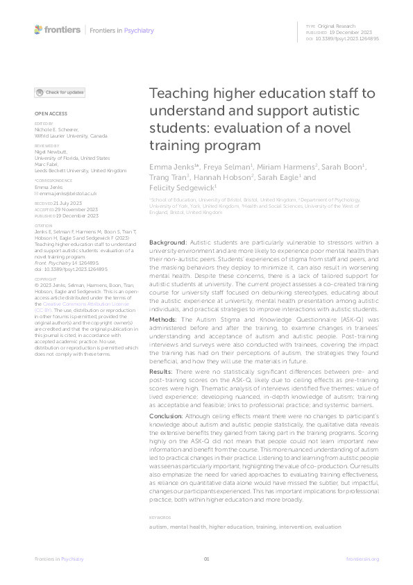 Teaching higher education staff to understand and support autistic students: Evaluation of a novel training program Thumbnail