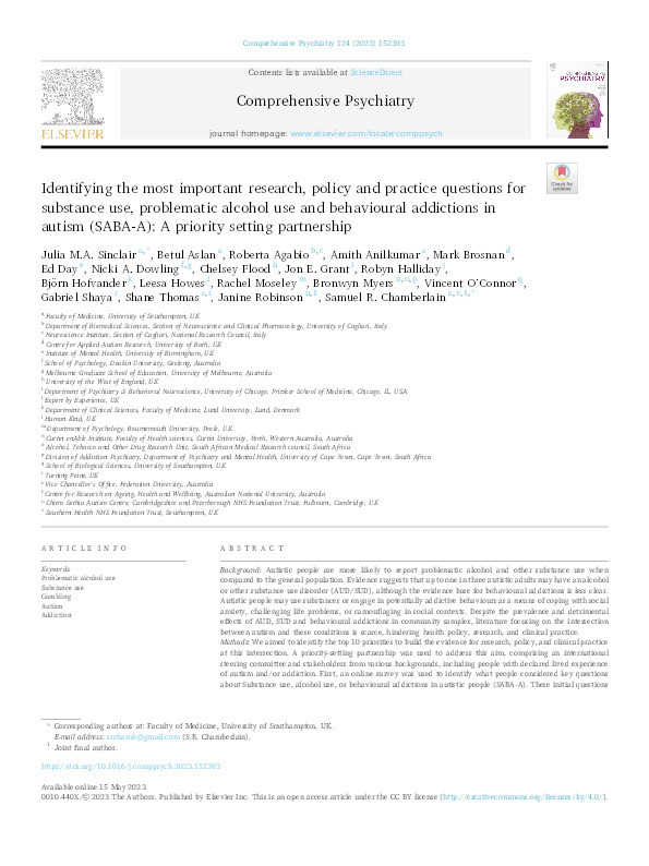 Identifying the most important research, policy and practice questions for substance use, problematic alcohol use and behavioural addictions in autism (SABA-A): A priority setting partnership Thumbnail