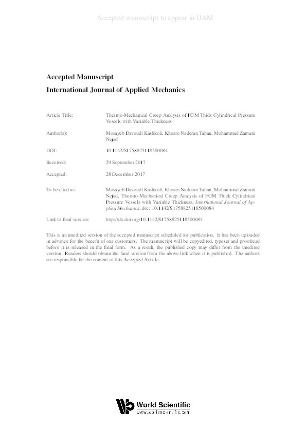 Thermomechanical creep analysis of FGM thick cylindrical pressure vessels with variable thickness Thumbnail