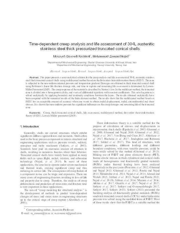 Time-dependent creep analysis and life assessment of 304 L austenitic stainless steel thick pressurized truncated conical shells Thumbnail