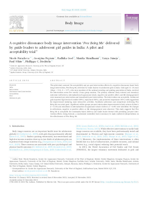 A cognitive dissonance body image intervention ‘Free Being Me’ delivered by Guide leaders to adolescent Girl Guides in India: A pilot and acceptability trial Thumbnail