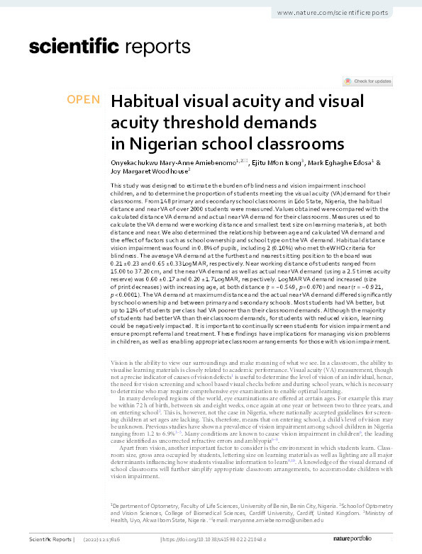 Habitual visual acuity and visual acuity threshold demands in Nigerian school classrooms Thumbnail