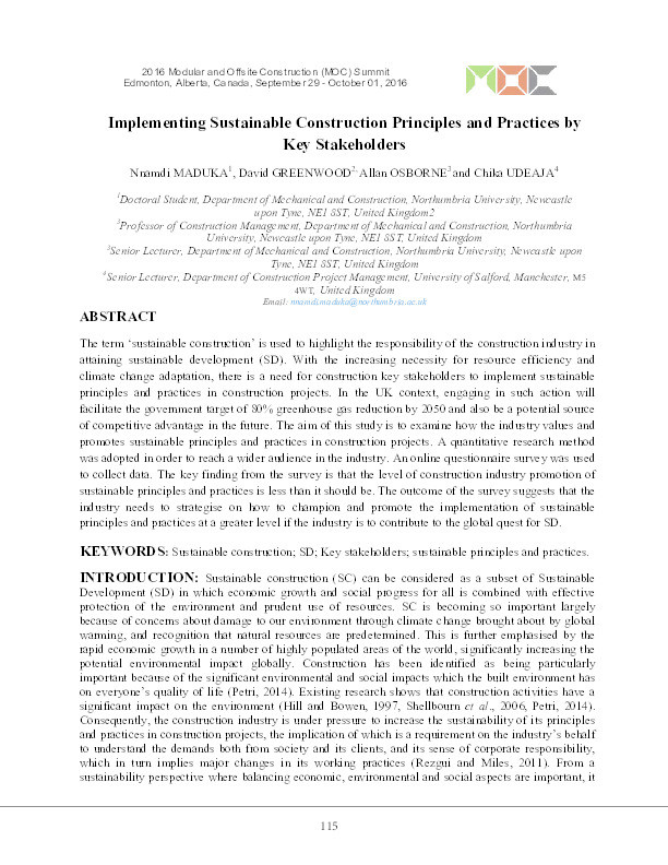 Implementing sustainable construction principles and practices by key stakeholders Thumbnail