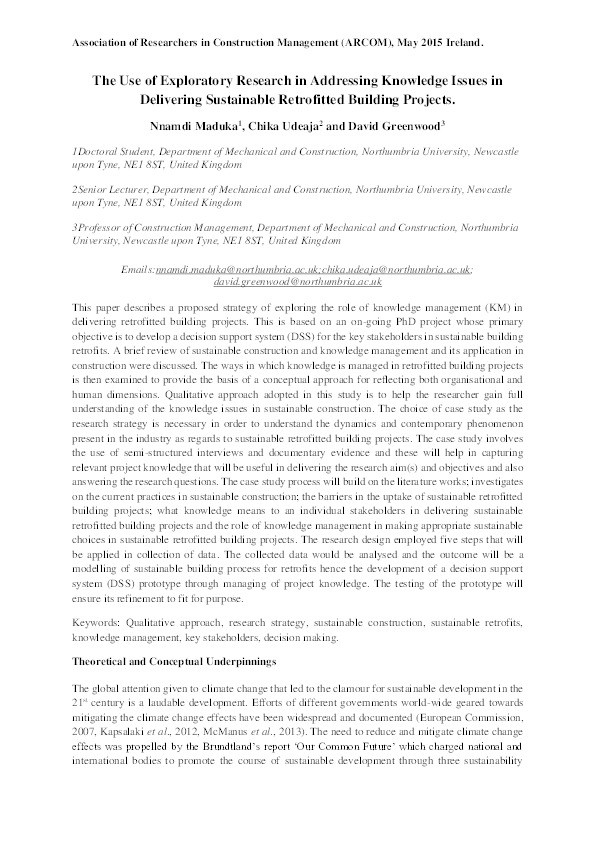 The use of exploratory research in addressing knowledge issues in delivering sustainable retrofitted building projects Thumbnail