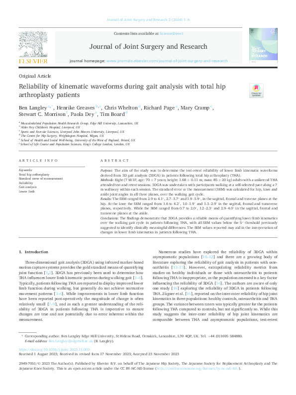 Reliability of kinematic waveforms during gait analysis with total hip arthroplasty patients Thumbnail