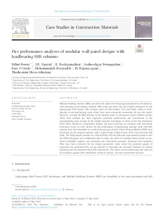 Fire performance analyses of modular wall panel designs with loadbearing SHS columns Thumbnail